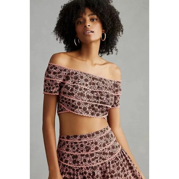 By Anthropologie Off-The-Shoulder Size 6 Pink Brown Tiered Ruffle Crop Top NWT - Picture 1 of 12